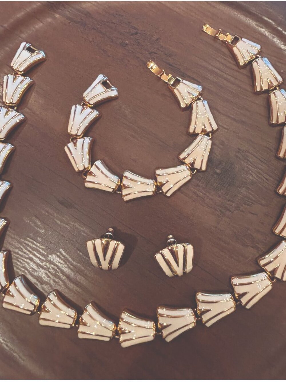 Vtg 70-80s Cream Enamel Gold Necklace Bracelet Earring Set Parure Unsigned